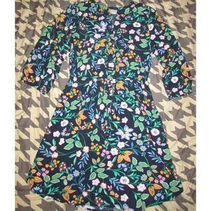 Loft Women's Size Medium 3/4 Sleeve Blue Floral Dress w/Drawstring Waist Navy